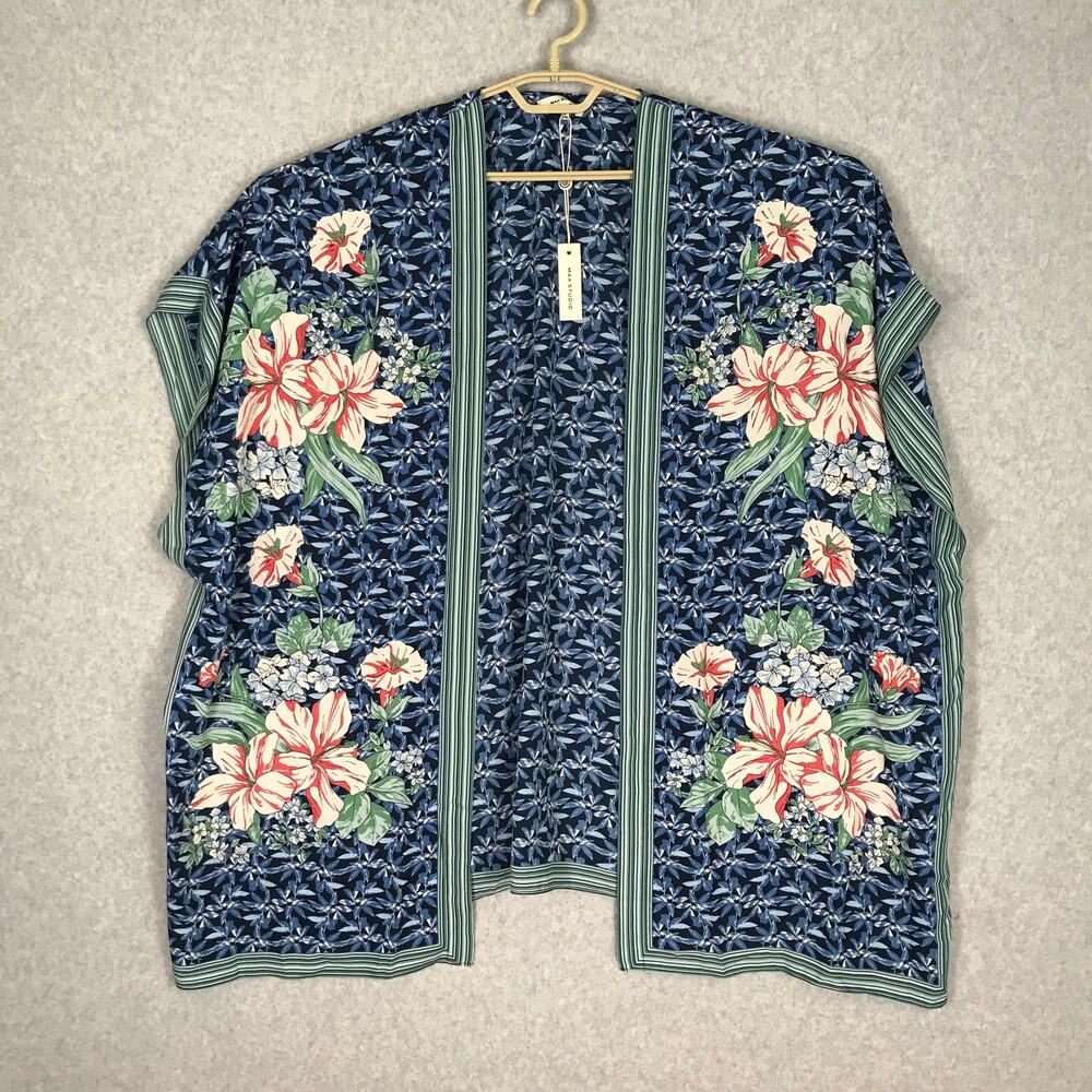 Max Studio Kimono 1X Blue Floral Cover Up‎ Cardigan Long Duster Cottage Cruise